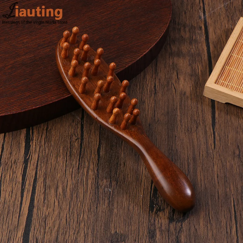 Golden Sandalwood Comb Head Meridian Comb Natural Sandalwood Long Handle Comb Multifunction Insert Teeth Massage Comb 22 Nails