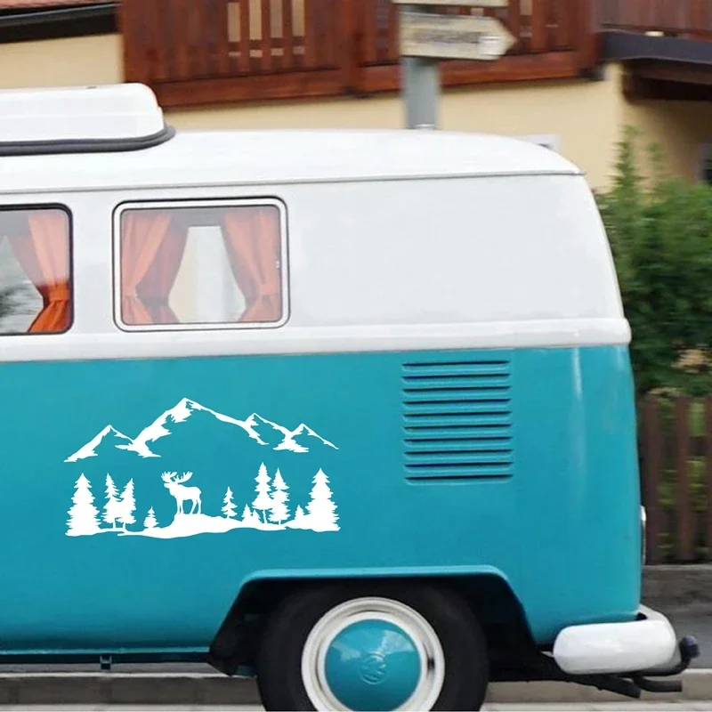 suv-rv-キャンピングカーオフロードムースツリーフォレストマウンテンシルエットビニールアートステッカー車の装飾アウトドアハイキングデカール装飾