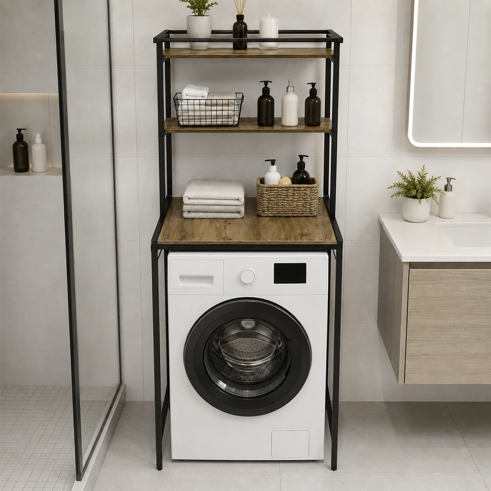 27.2x23.6x69.5inWasher and Dryer Storage Shelf, 3-Tier, 22lbs per Tier,Bathroom Space Saving Organizer Rack, Black + Oak, for Bathroom, Laundry Room, Balcony, Living Room, Space Saving Organizer