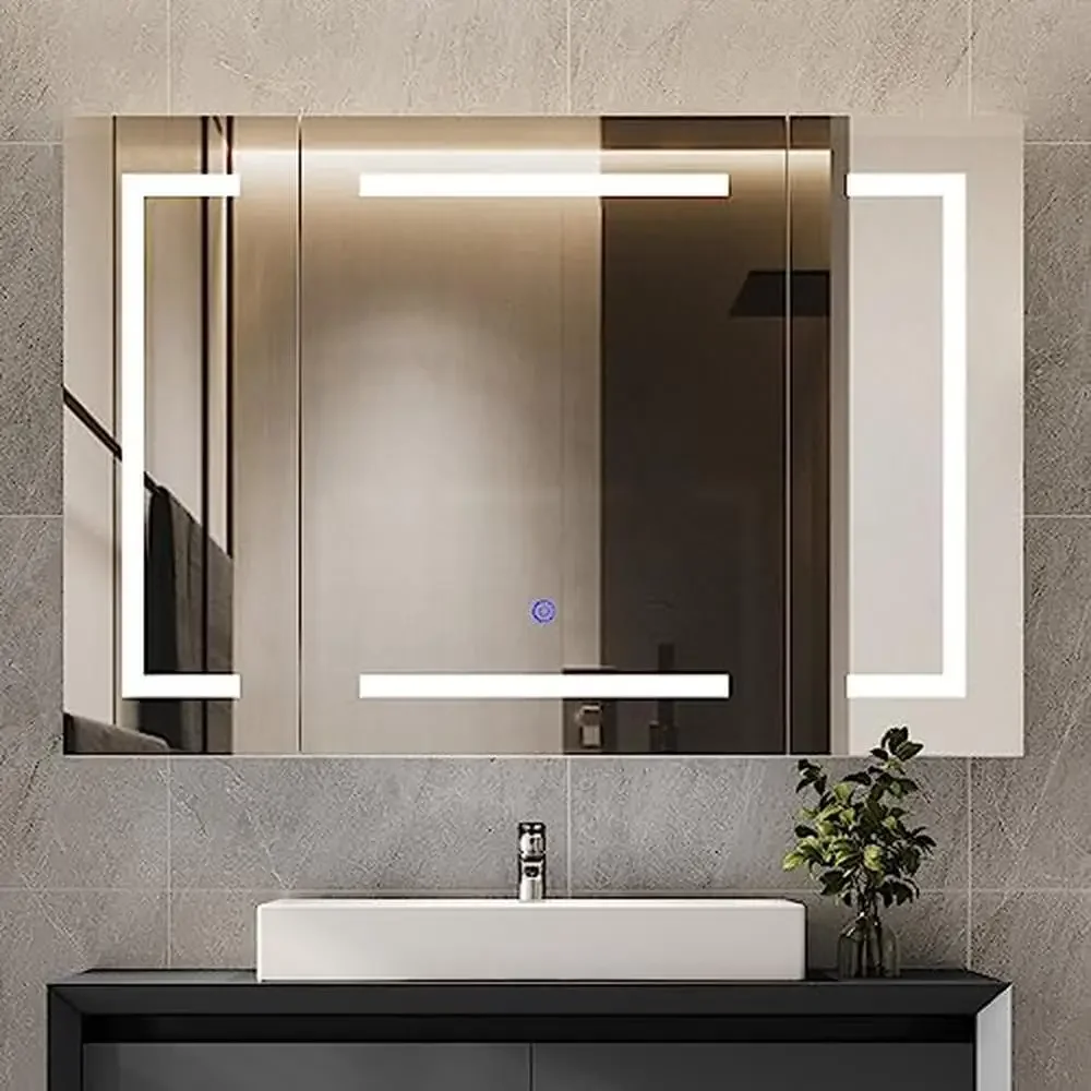 LED Lighted 3-Door Bathroom Wall Mounted Medicine Cabinet Mirror with Storage Iron Material Glass Shelves Rustproof Waterproof