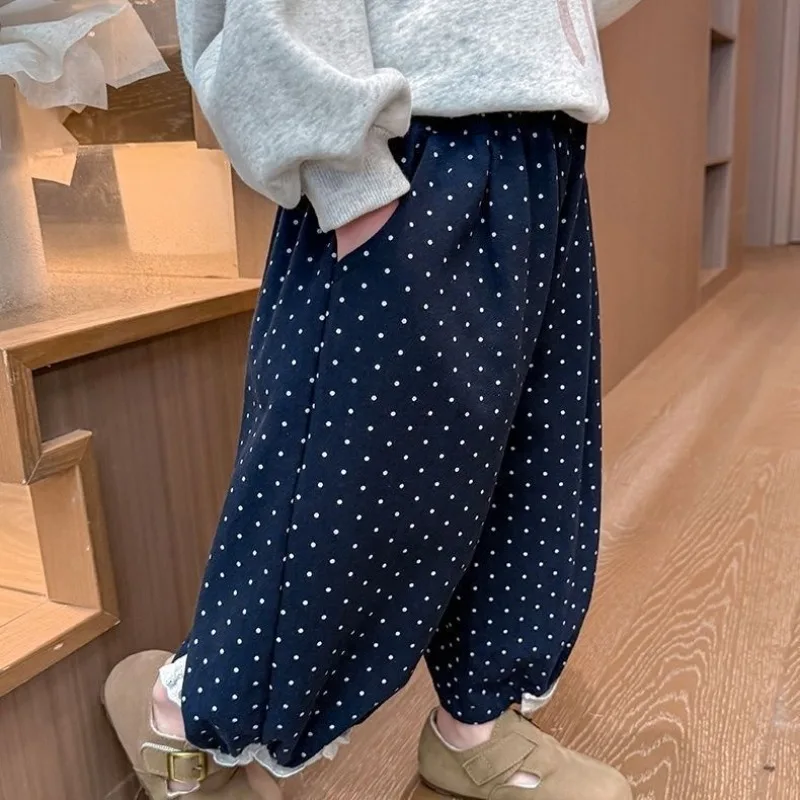 Ins Children Girls Lace Pants RAISE 2026 Autumn 2-8Yrs Kids Girls Dot Pants Loose Elastic Waist Infant Babys Girls Lantern Pants