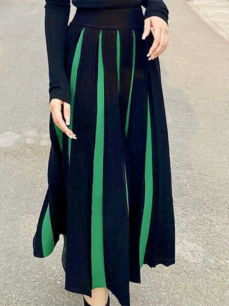 Autumn Winter Knitted Skirt Female High-waisted Green Thick Pleated Skirts Woman Contrast Color Vintage Fashion Faldas