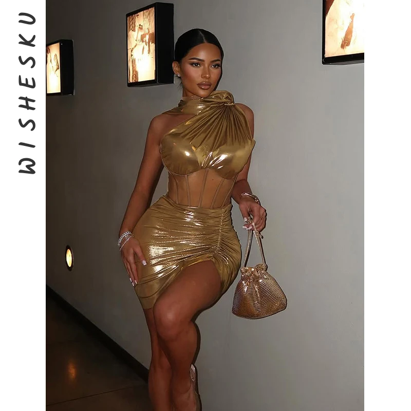 

Sexy 2 Piece Set Women Chic One Shoulder Scarf Tank Tops+Ruched Irregular Silk Mini Skirts 2025 Summer Vacation Suits