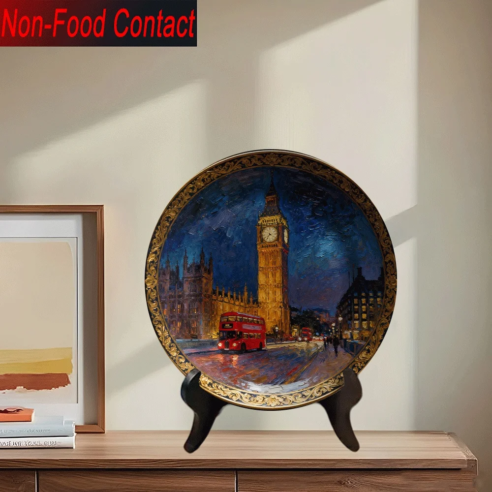 2D Flat, 1pc Ceramic Decorative Plate - Non-Food Contact, Classic Round Art Piece with London Big Ben Night Scene Design, Ideal
