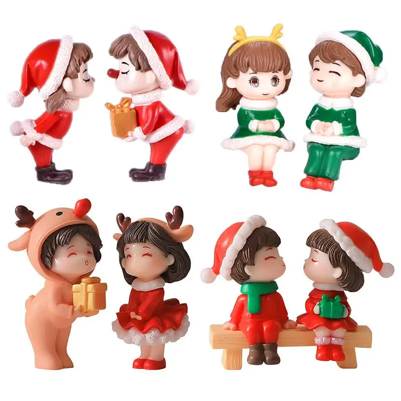 1 Couple Christmas Mini Doll Figurines Micro Landscape Cute Christmas Couple Model Ornaments DIY Fairy Garden Decoration