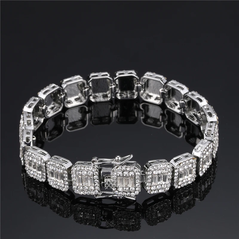 D & Z-Shining Square Rhinestone Pulseira Corrente para Homens e Mulheres, Ouro e Cor Prata, Liga Partido Jóias, Hip Pop, 7 em, 8 em, 12mm