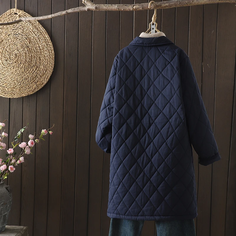 Artistic Korean Style Women's Cotton Jacket Square Collar Patchwork Diamond Pattern Thickened Mid-Length Autumn Winter Coat