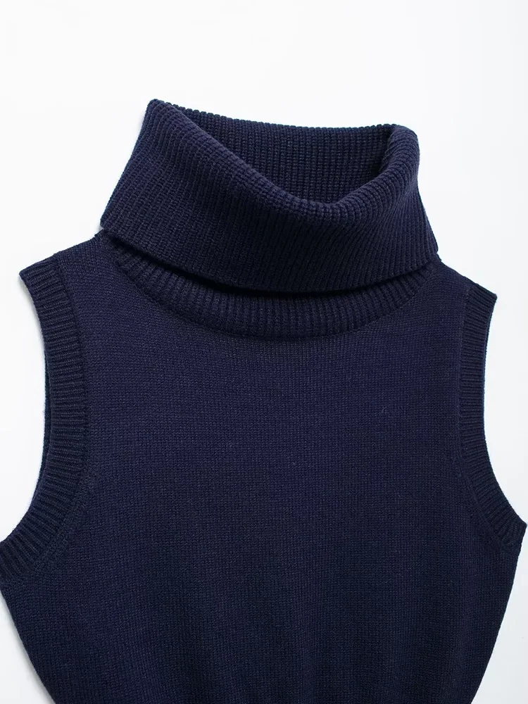 Willshela Women Fashion Solid Elastic Waist Knitted Pullover Vest Vintage High Neck Sleeveless Female Chic Lady Tank Tops