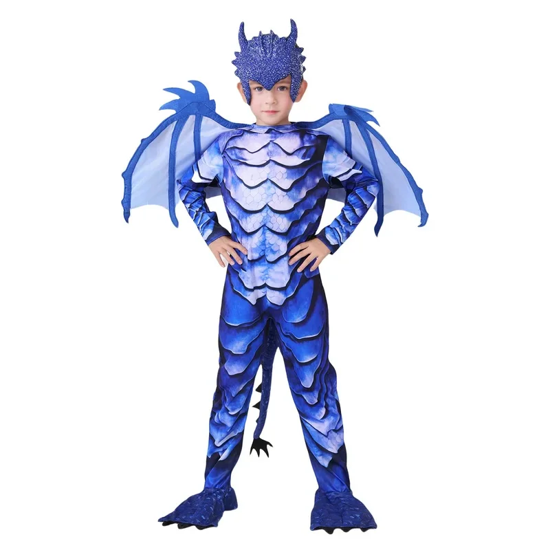 

Boy The Frost Blue Dragon Knight Jumpsuit Kids Halloween Carnival Theme Party Costume With Wing Tail Mask