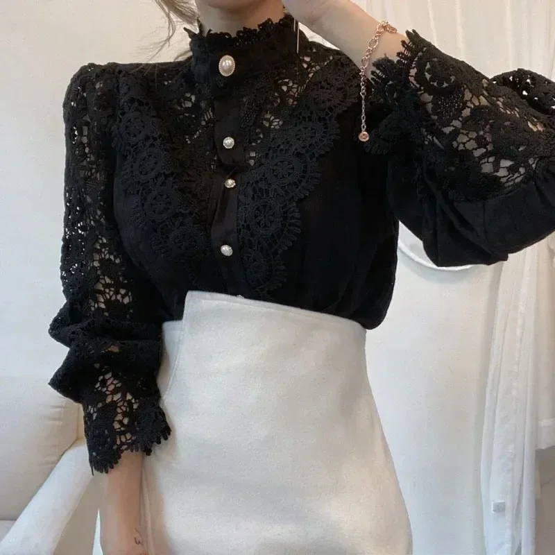 Shirt Women Blusas Mujer De Moda Office Lady Flower Blouse Spring Hollow Out Lace  Stand Collar Button Female Clothing 12419