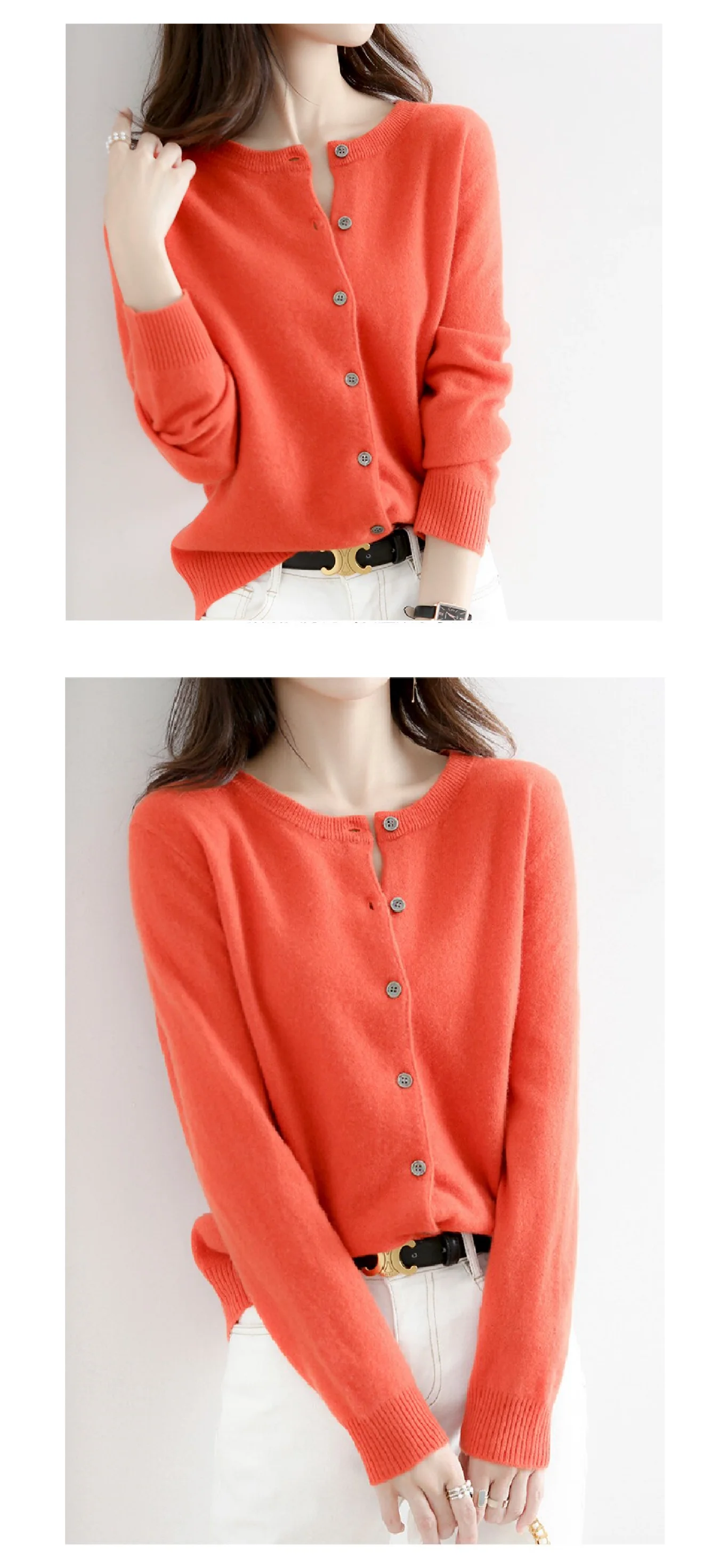 Neuer, locker geschnittener Pullover im koreanischen Stil für Damen, ideal für Frühling und Herbst, mit Rundhalsausschnitt, modisch und elegant, als lässige Arbeitskleidung oder Oberbekleidung geeignet, weiche und bequeme Strickjacke, einreihiger Mantel mit langen Ärmeln. – Detail 4