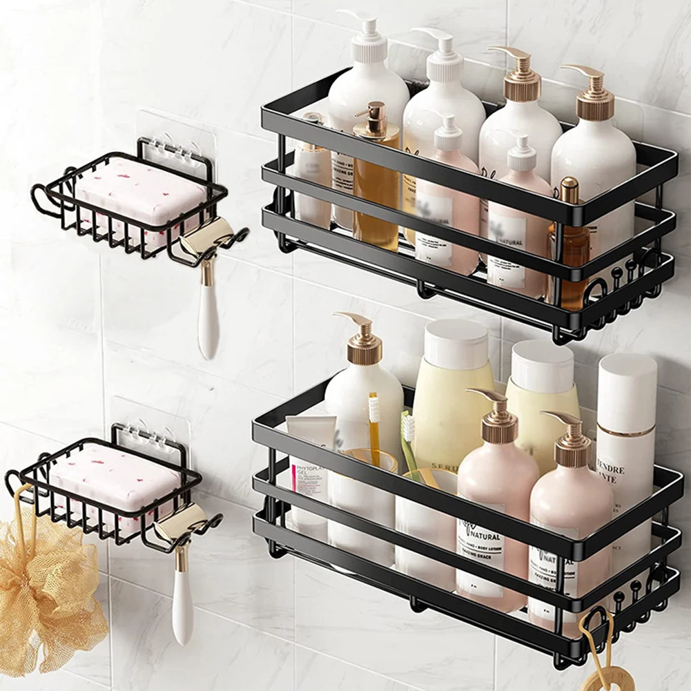 Punch-Free Shower Storage Holder With Hooks Toiletries Organization Rack For Inside Shower