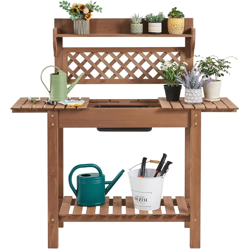 Potting Table Wood Workstation Table w/Sliding Tabletop w/Removable Dry Sink Storage Shelves Outdoor Garden Work Benches