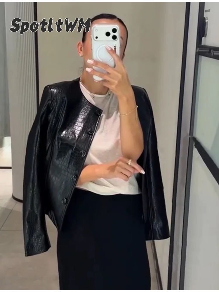 Fashion Single Breasted Crocodile Patterned Waist Cinched Jacket Retro Round Neck Slim Fit Women's Coat Autumn Daily Wear 2026