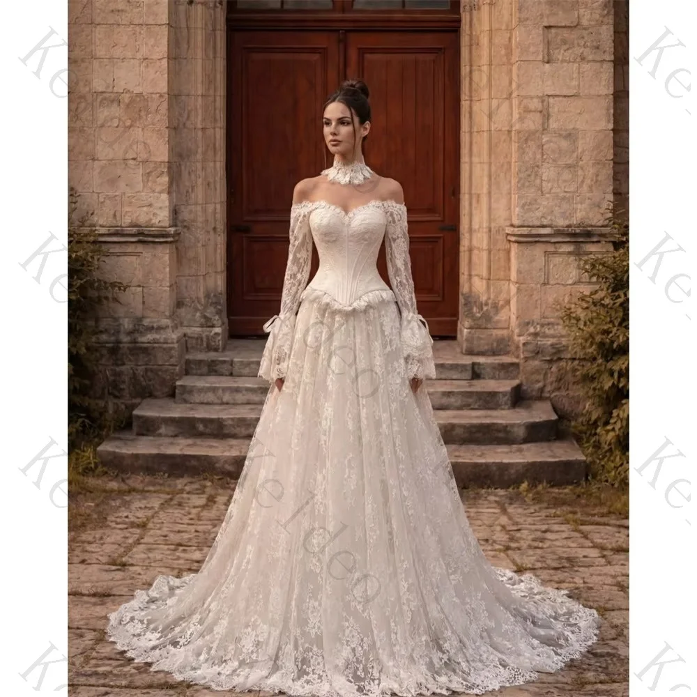 Customized Sweetheart A-line Long Bell Sleeve Wedding Dresses Off The Shoulder Lace Applique Open Back Floor Length Bridal Gowns