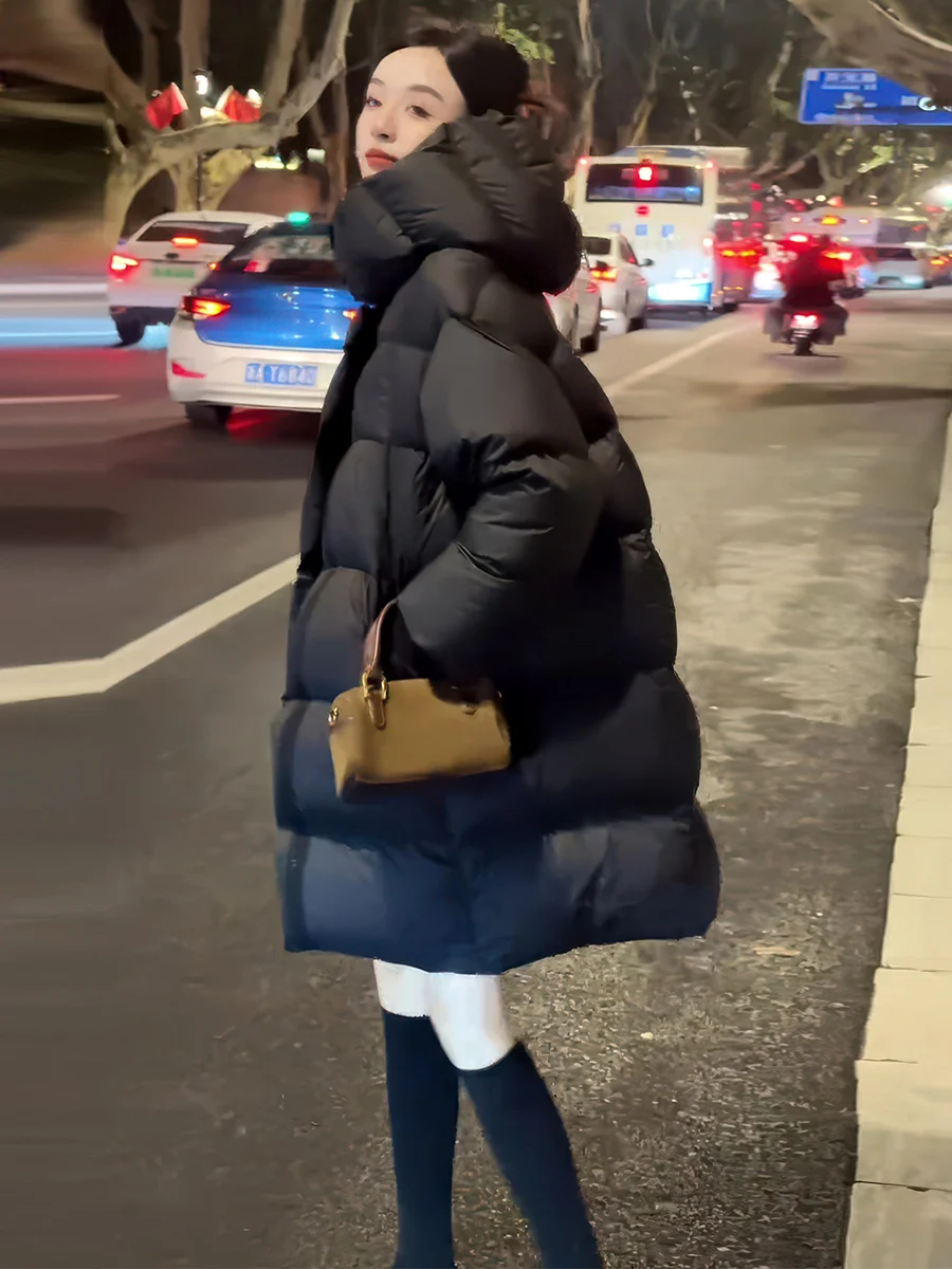 Abrigo de invierno Jaet acolchado de plumón blanco con capucha de longitud media para mujer, cálido, informal, holgado, largo, Sve