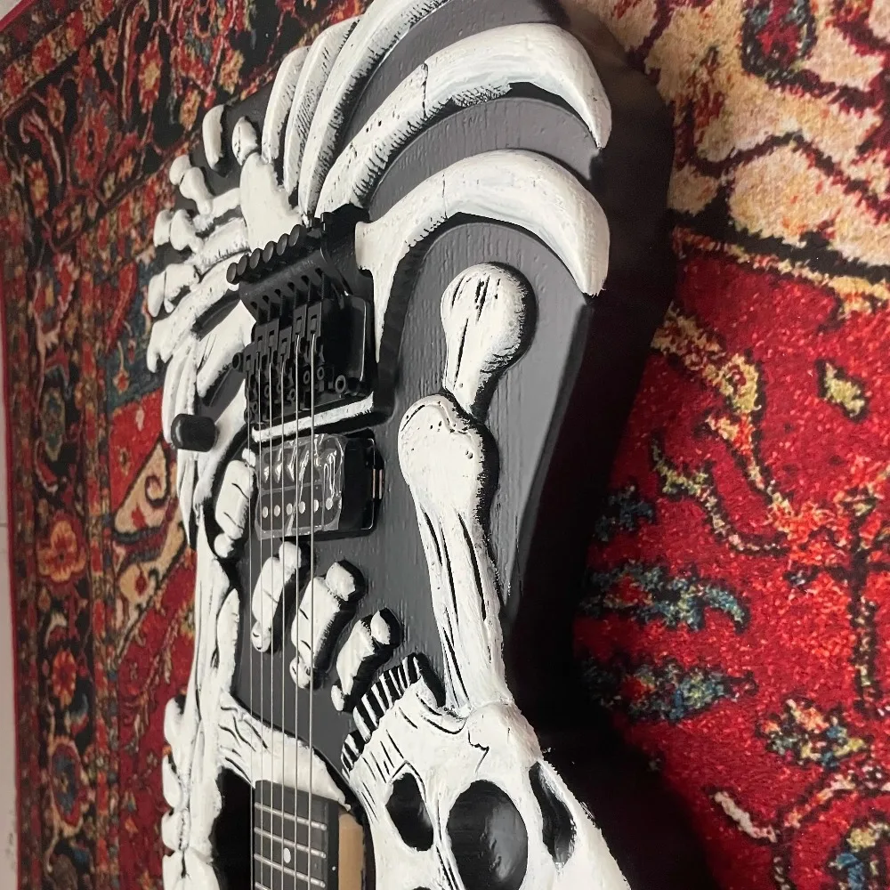 Fast Ship Unique Bones Graphic Design Guitar Black&White Hand Carved guitar