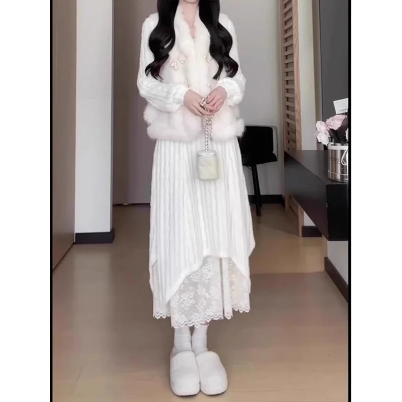 Lente 2025, nieuwe witte lange Sve gebreide Dr damesontwerp Sense kant splitsen lange rok casual Sle A-lijn midi Dr