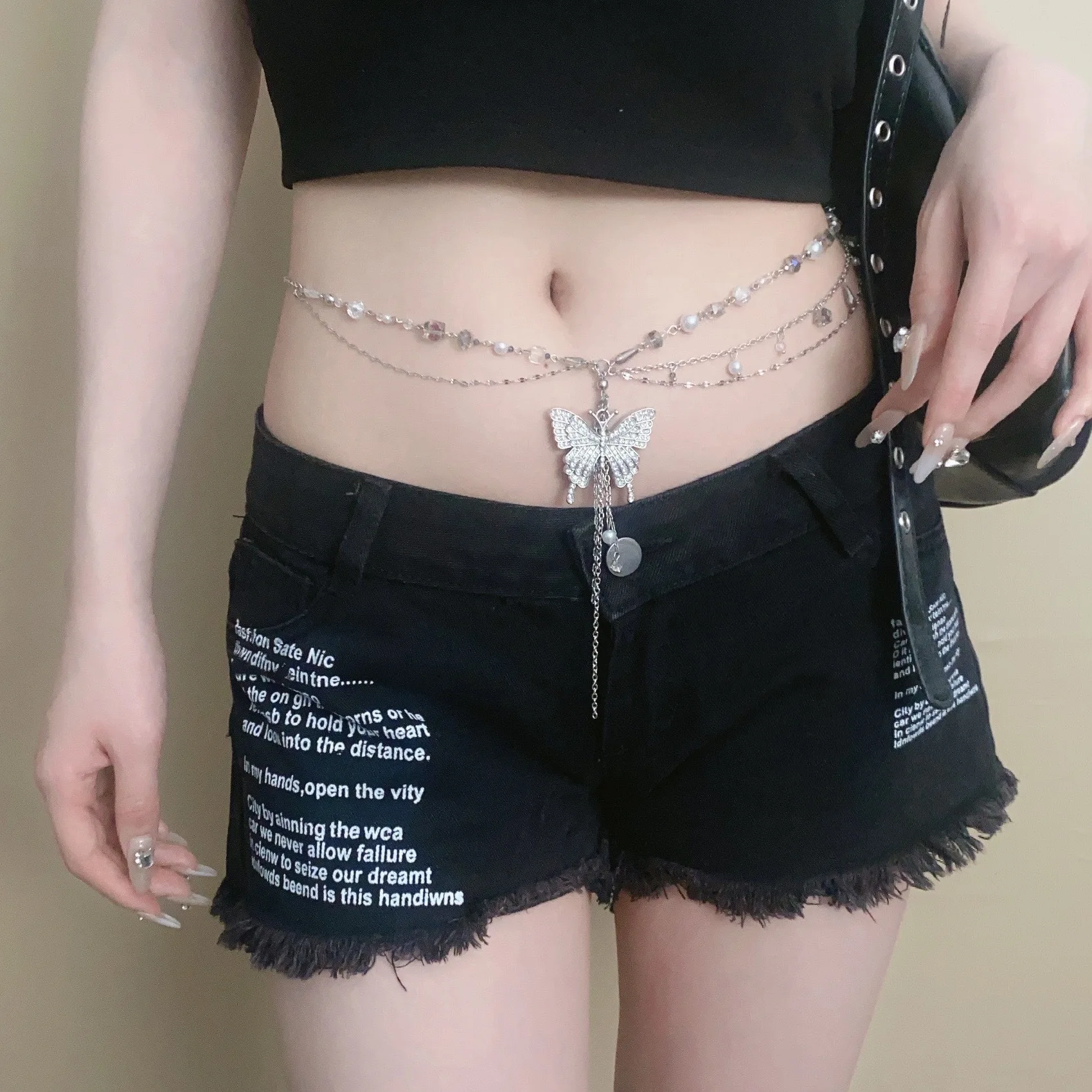 Light luxury full diamond butterfly tassel waist chain for women sweet and cool hot girl round bead chain splicing belt niche ve