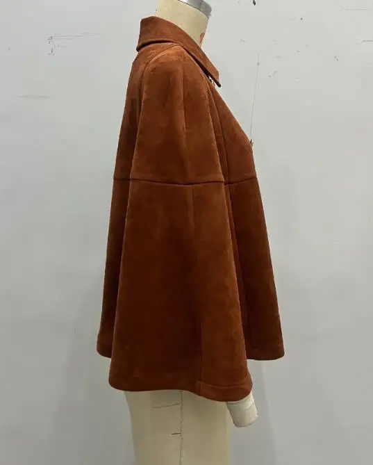 

Women Casual Vintage Coat Commuting Fashion Retro Loose Double Row Metal Buckle Decoration Design Lapel Brown Suede Cloak Jacket
