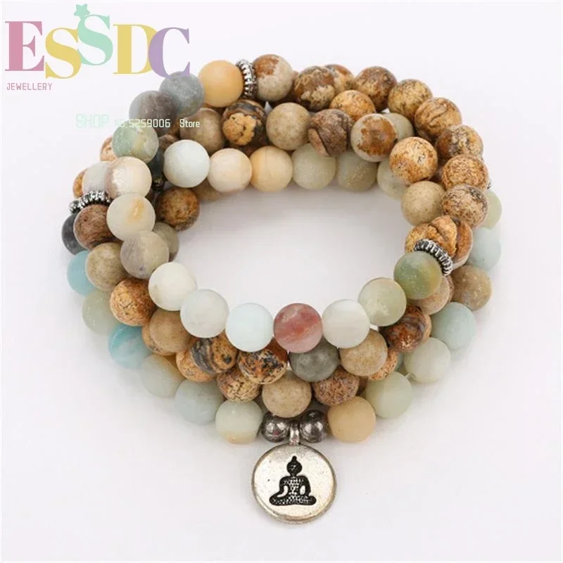 New Design 108 Natural Amazonian Stone Beads Bracelets Multi Circles with Yoga Buddha Head Pendant Meditation Jewelry Wholesale
