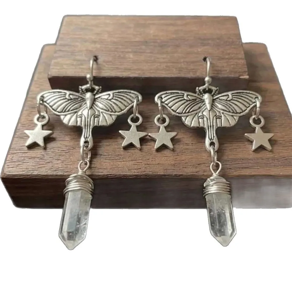 White Crystal Pendant Silver Color Star Tassel Carved Moth Dangle Earrings for Women Gothic Witchcraft Style Aesthetics Jewelry view 5