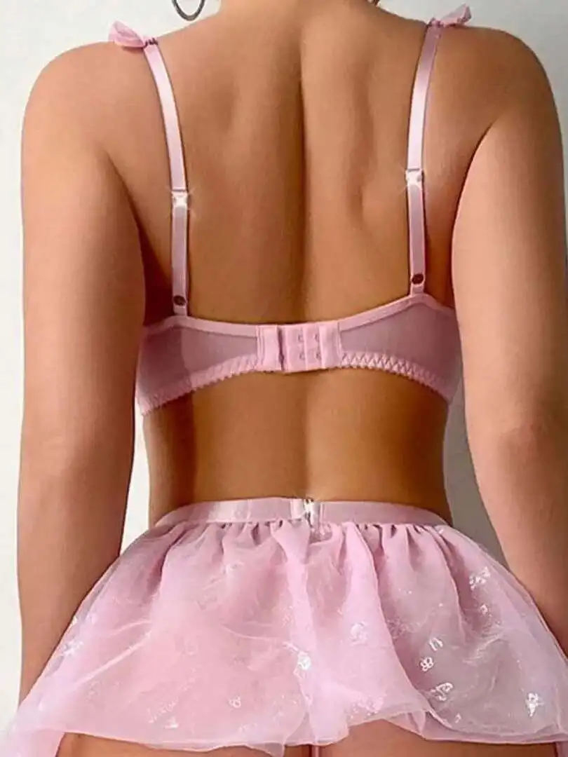 Conjunto de bragas y sujetador de malla de encaje Sexy, conjunto de ropa interior transparente con borde doblado, conjuntos de falda de perlas, tirantes de encaje, envoltura sin espalda en el pecho 1UIP