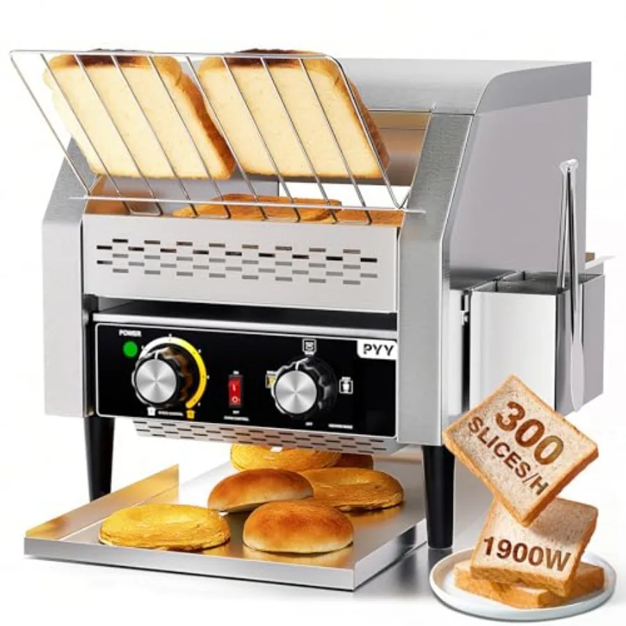 

Commercial Conveyor Toaster 300 Slices/Hour Restaurant Heavy Duty Stainless Steel 1900W 110V for Bun Bagel Bread Golden Brown T