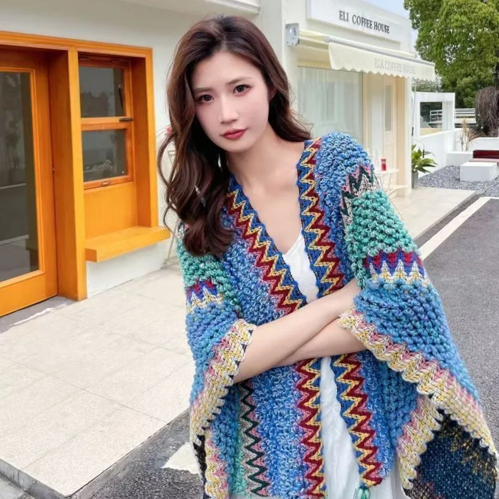 

Soft Bohemian Mongolian Poncho Winter Warm Striped Knitting Wraps Ethnic Style Polyester Cardigan Tassel Shawl Coat Overlays
