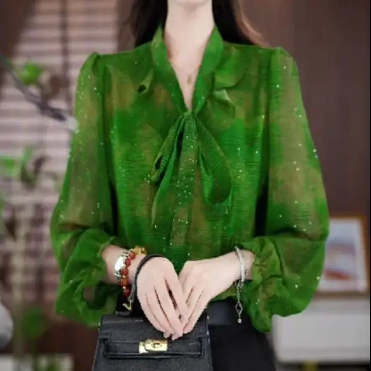 

New Elegant and Fashion Style Thin Knotted Long-sleeved Chiffon Shirt Ruffled Versatile Age-reducing Top