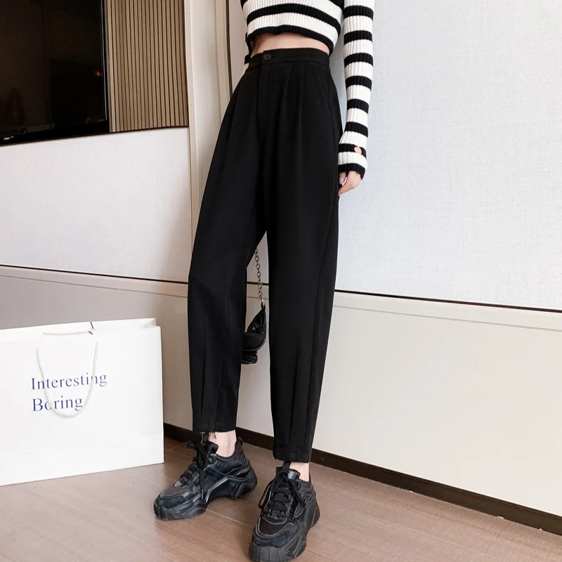 Hoch taillierte braune schwarze Büro-Hosen für Damen, modische koreanische warme Winterhosen aus Wolle, schmale Beine, elastische Haremshosen.