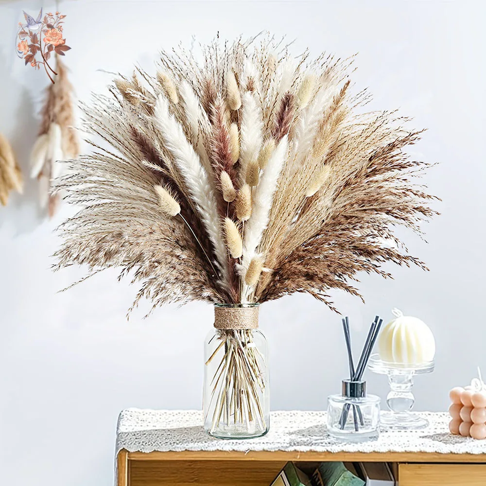 

57Pcs Real Fluffy Pampas Grass Bouquet for Boho Home Interior Decoration Dried Flower Bunny Tails Bunch Wedding Vase Accessories