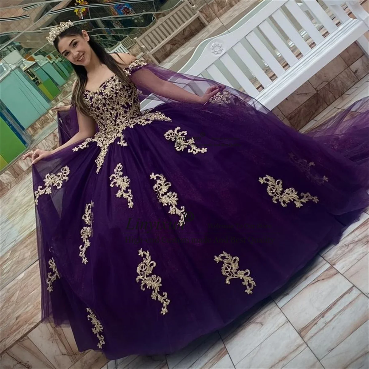 Purple Mexican Quinceanera Dress Appliques Lace Birthday Sweet 16 Gown With Cape Ball Gown Corset Lace Up Vestidos De 15 XV Años