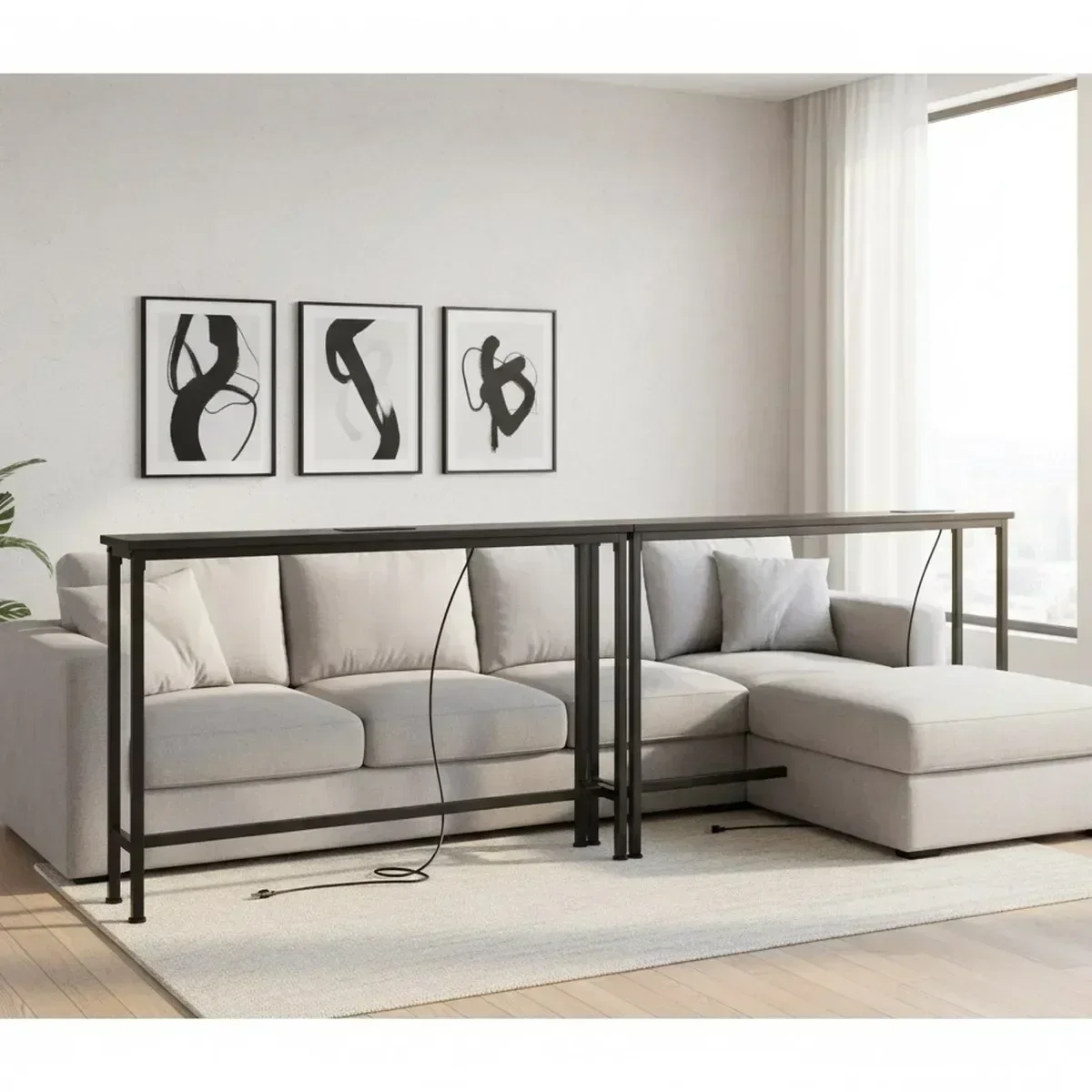 Long narrow couch table 78.8 inch with 2 AC USB-C charging stations for entryway living room black
