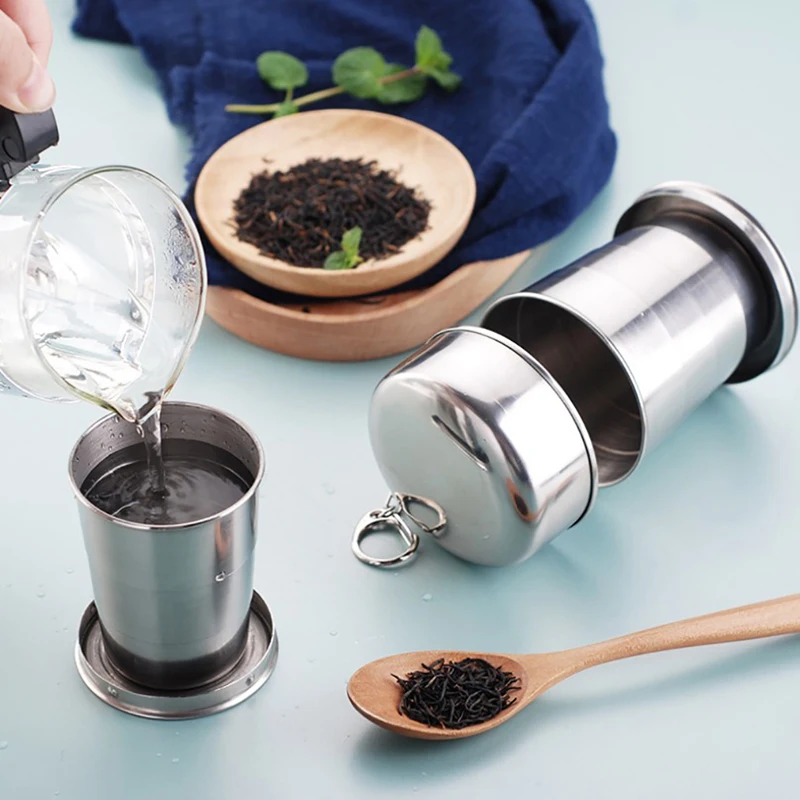 Stainless Steel Telescopic Folding Cup with Keychain Portable Retractable Collapsible Cup for Outdoor Sports Travel