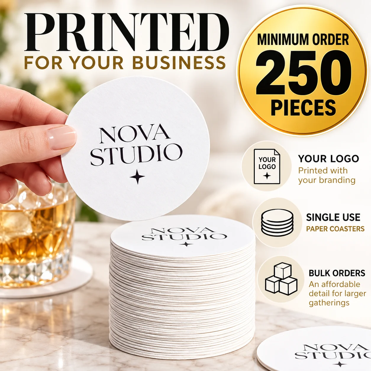 250pcs Custom Disposable Paper Coasters Minimum For Restaurant Cafe Drink Service Bulk Logo Printing Personalized Business Gifts