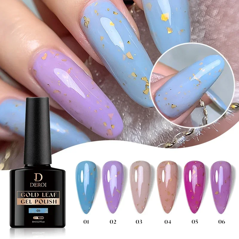 DEROI 8ml UV Gel Glitter Nail Polish for Manicure Semi Permanent Nude White Flash Pink Reflective Rubber Base Soak Off Nail Art