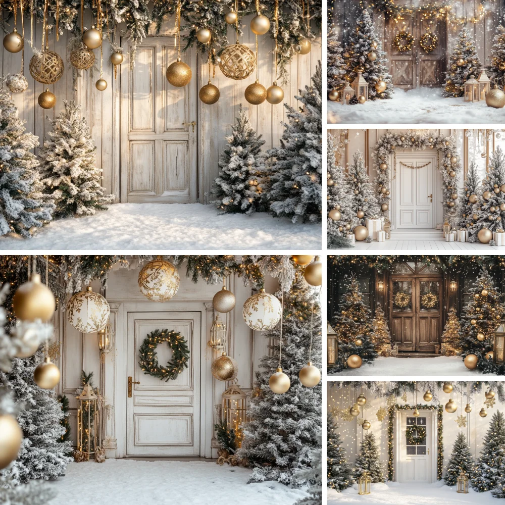 

Golden Christmas Wreath Background Photography Winter Xmas Tree Snow Gift Pile Wooden Backdrop Kids Birthday Photo Studio Props