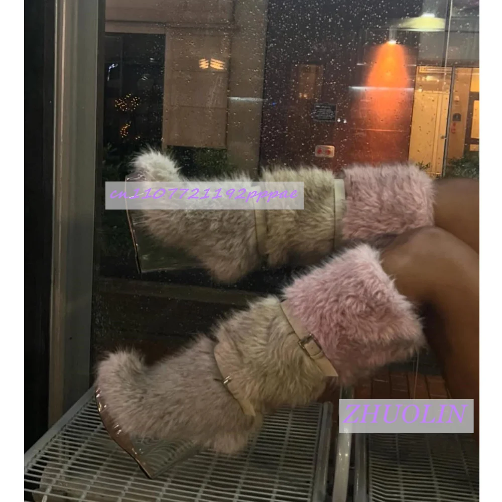 Botas de cuña transparentes peludas con gradiente de invierno, botas de nieve con hebilla de cinturón dulce para mujer, botas hasta la rodilla de pasarela Punk a la moda 43