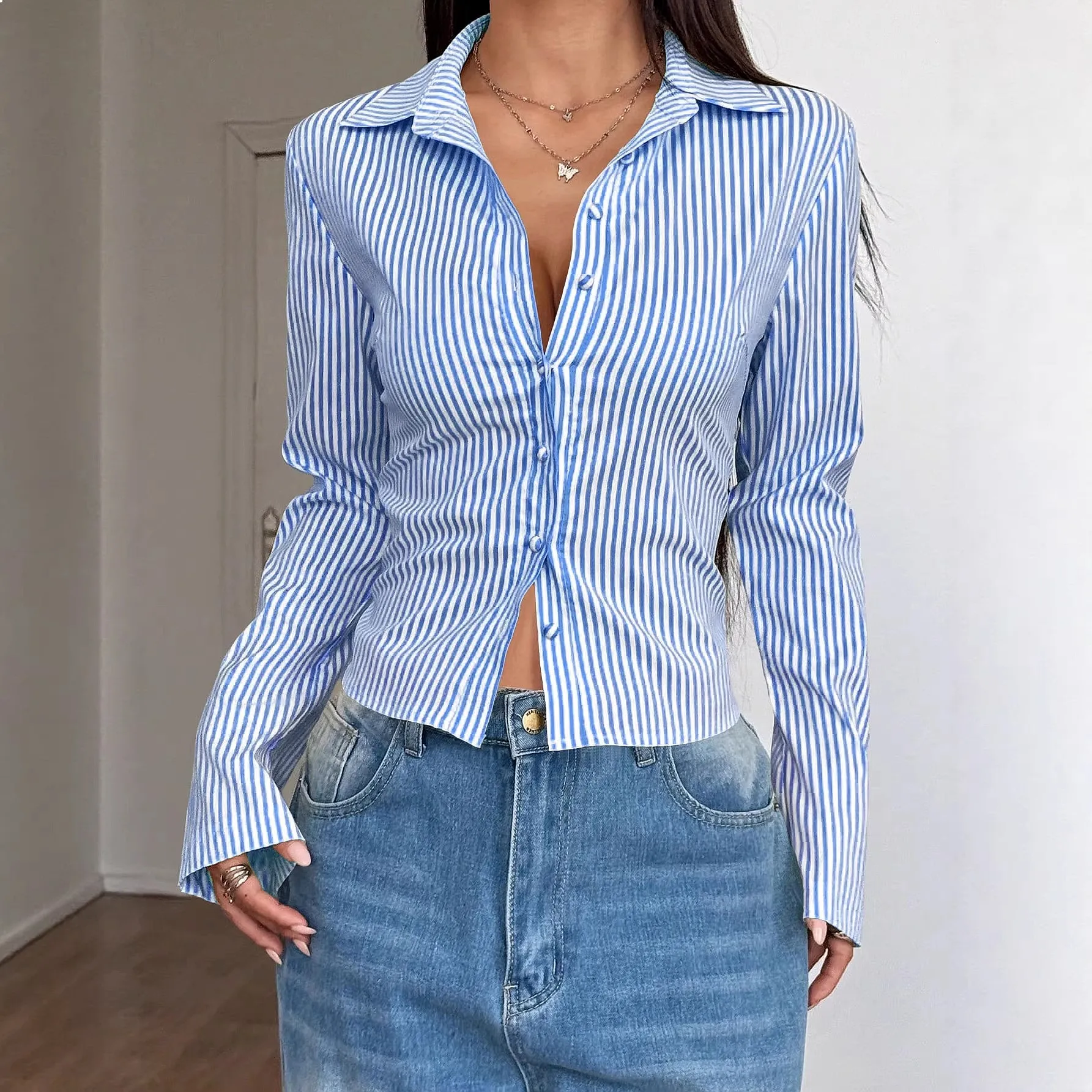

Sexy Striped Shirt Blouse Top Women Spring Summer Fashion Lapel Cardigan Blouses Tops