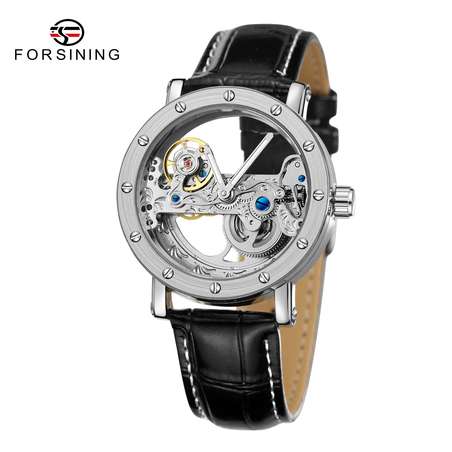 FORSINING Bridge Skeleton Mens Watches Automatic Self Wind Mechanical Leather Band Wrist Watch