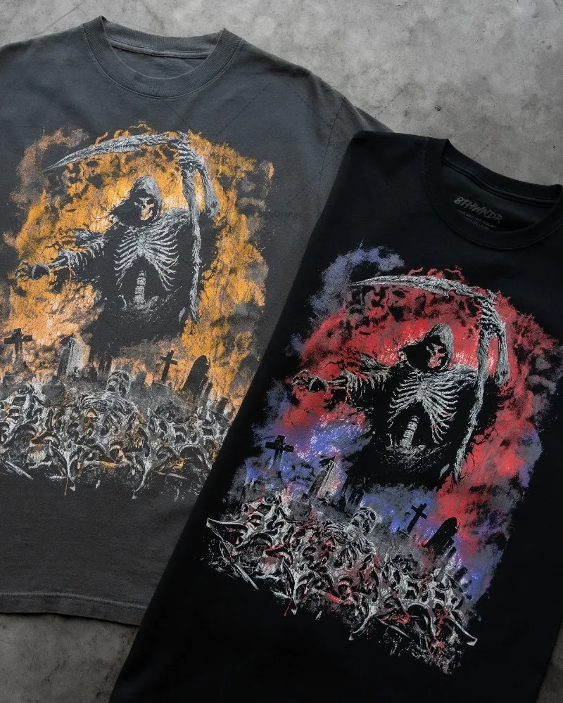 

American Harajuku Retro Anime Skull Print Fashion Oversized Short-sleeved Men Y2k Pure Cotton Round Neck Street T-shirt Women