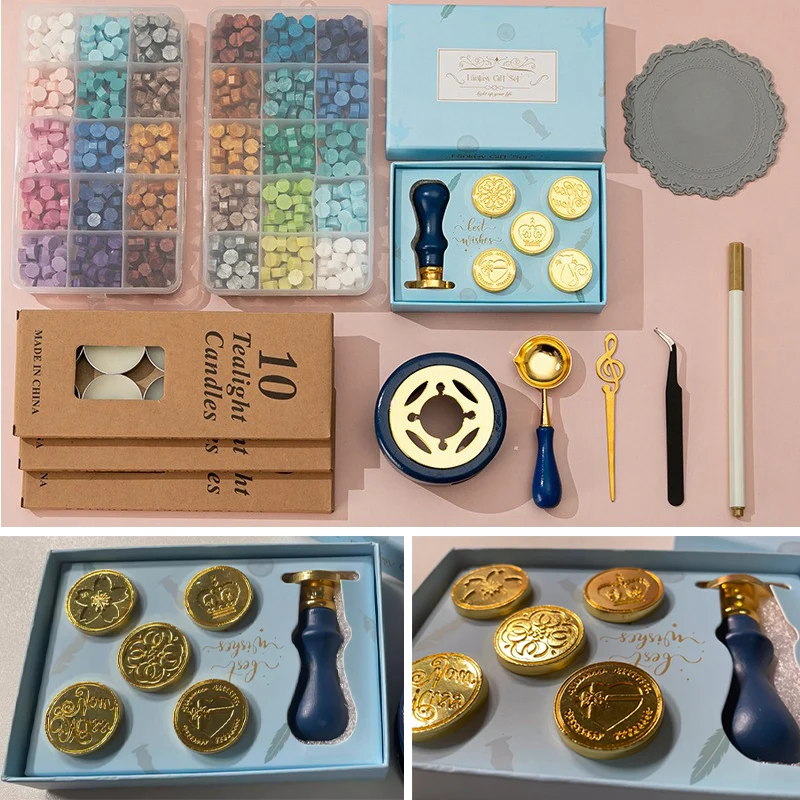 Seal Wax Stamp Set Sealing Wax Stamp+Stove+Stirring Stick+Wax Granule+Paint Pen+10pcs Round Waxes European Retro Brass Stamp