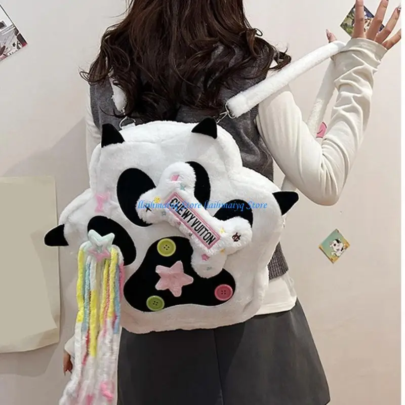 

573B Women Backpack Large Capacity Shoulder Bag School Bag Cats Paws Backpack Plush Knapsack Star Tassels Crossbody Bag
