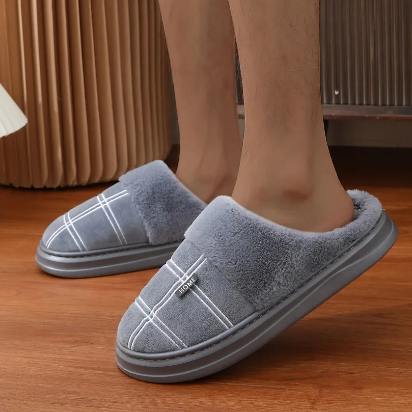 Winter Home Slipper Man Warm Fuzzy Fur Plush Non Slip Indoor Male Lazy Footwear Bedroom House Room Shoe Grip Flat Plaid Big Size