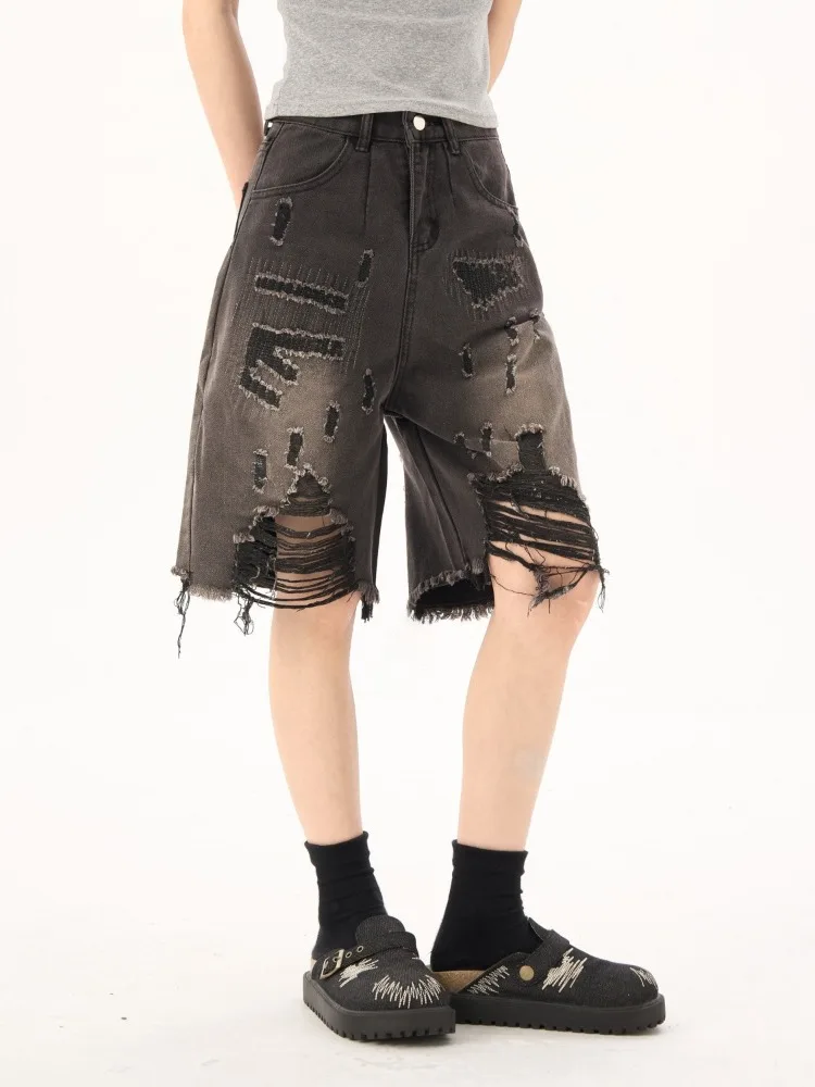 Women's Tassel Hole Design Summer Denim Shorts Distressed Cropped Jeans Unisex Wide-leg Calf-length Pants Female Capris Trousers