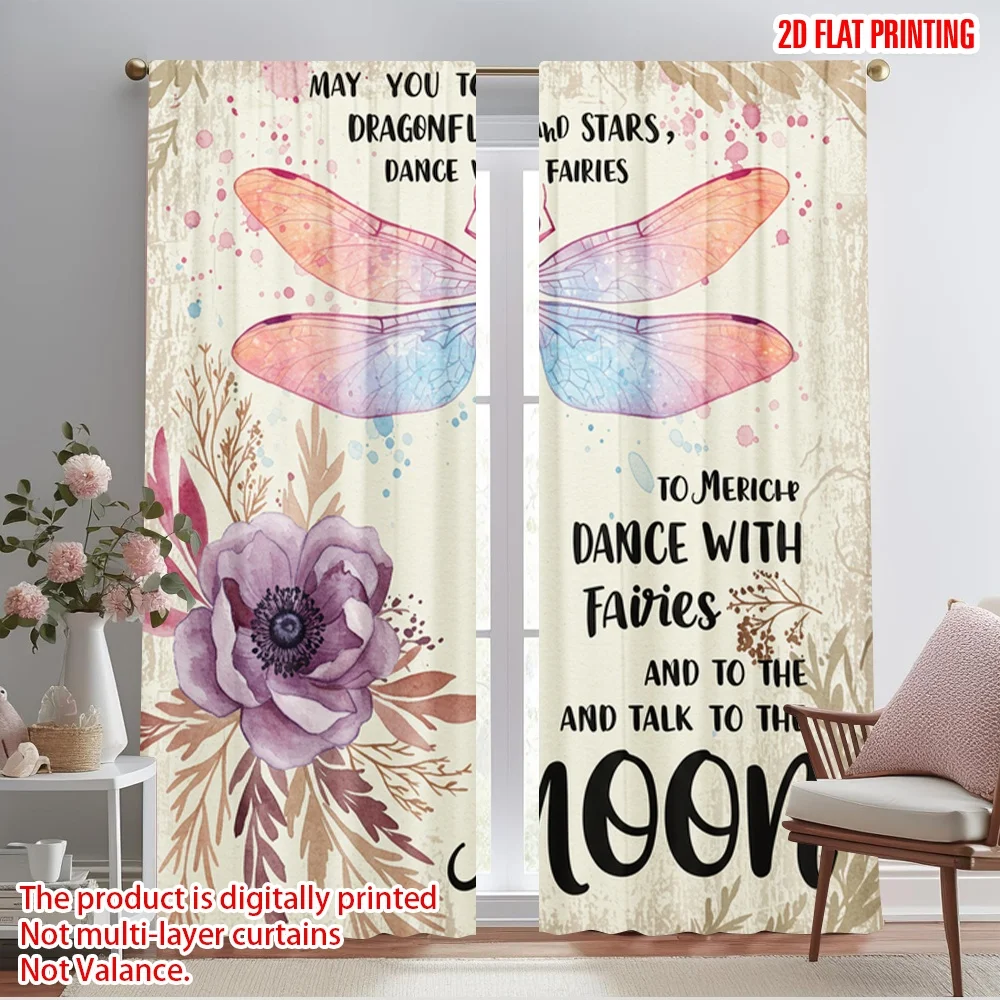 

2pcs 2D flat printing Curtain Dragonfly fairies stars moon Fabric Without Electricity Holiday Decorations for Bedroom Office