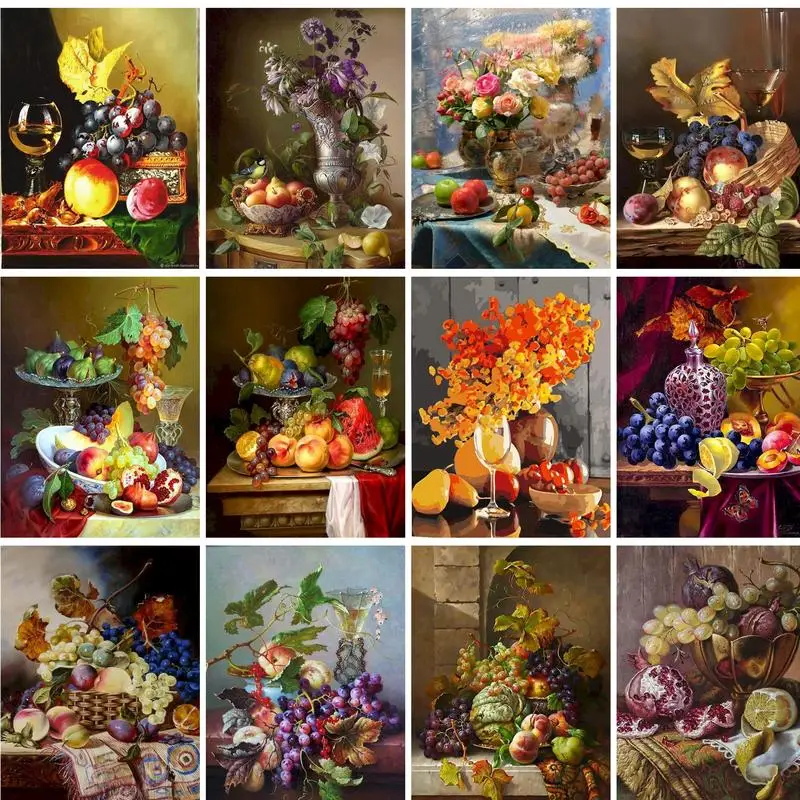 GATYZTORY Modernes Malen nach Zahlen, Blumen und Obst, Wein, für Erwachsene, Bilder, Malen, Malen, Heimdekorationen, einfaches, einzigartiges GIF