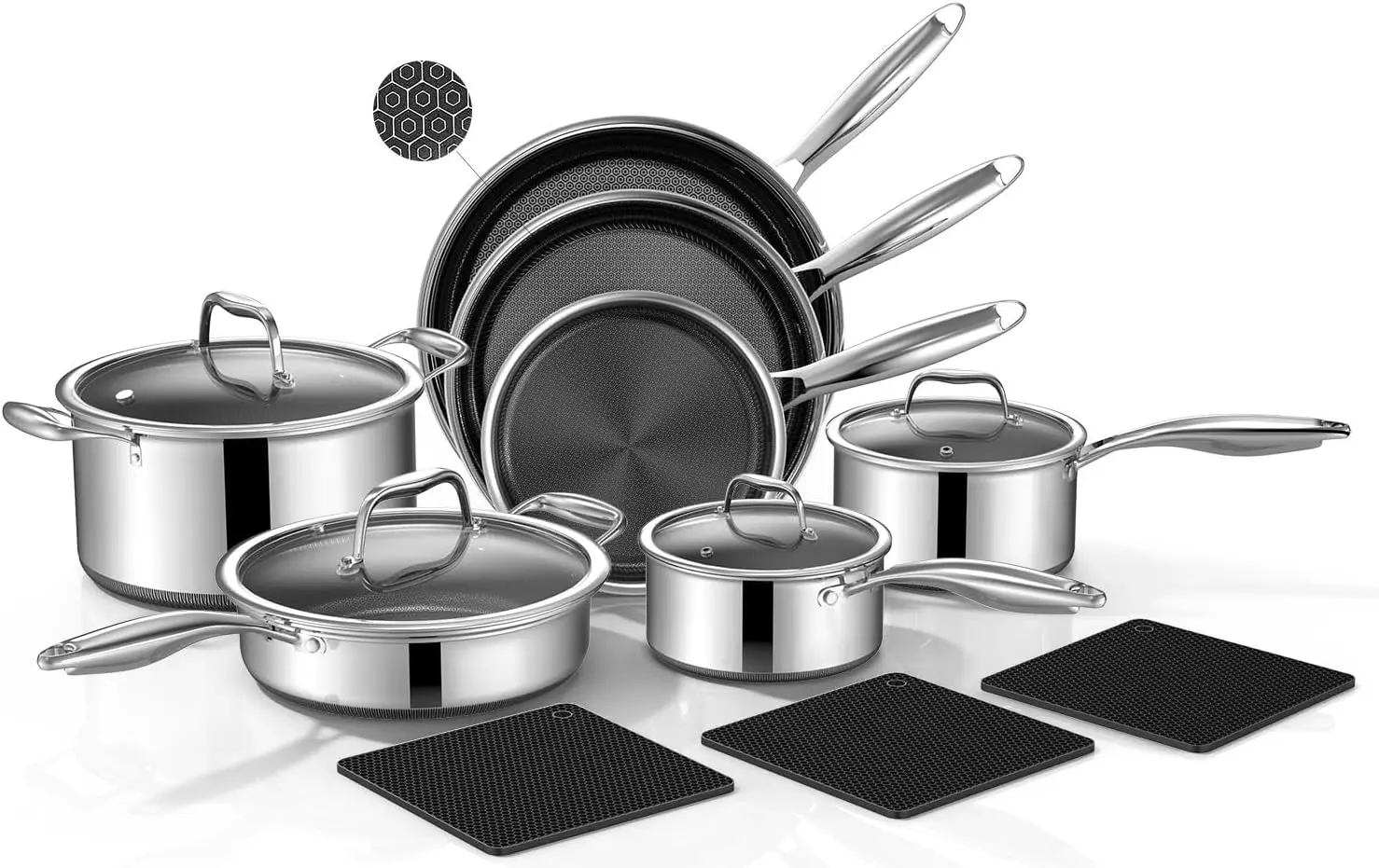 14-Piece Hybrid Stainless Steel Cookware Set with 3 Silicone Trivets | Heavy-Duty Pots and Pans Set, Induction Compatible