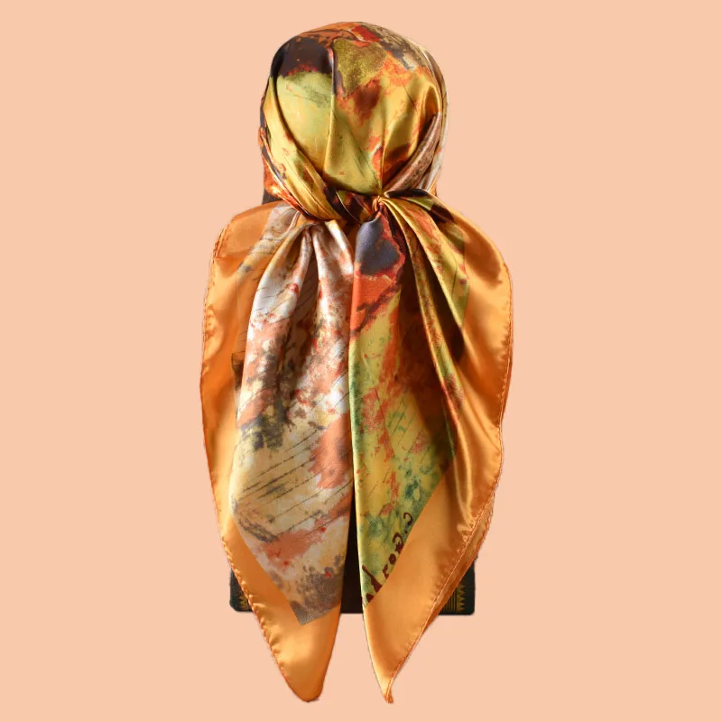 1PC Country Oil Painting Print Pattern Woven Scarf Large Fashionable Headscarf Travel Party Ladies Silk Scarf